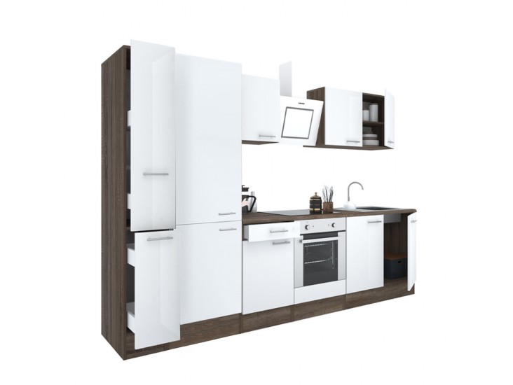 Yorki 300 konyhabútor yorki tölgy korpusz,selyemfényű fehér front alsó sütős elemmel polcos szekrénnyel