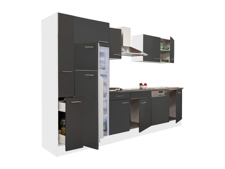 Yorki 310 konyhabútor fehér korpusz,selyemfényű antracit fronttal felülfagyasztós hűtős szekrénnyel