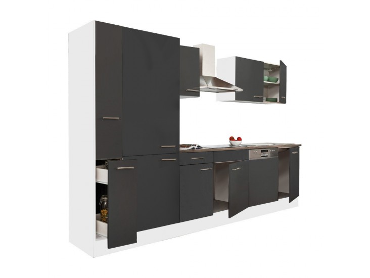 Yorki 310 konyhabútor fehér korpusz,selyemfényű antracit fronttal polcos szekrénnyel