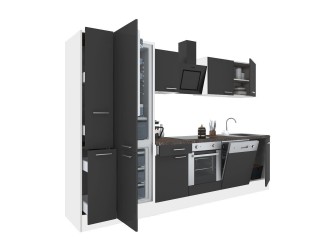 Yorki 310 konyhabútor fehér korpusz,selyemfényű antracit front alsó sütős elemmel alulfagyasztós hűtős szekrénnyel