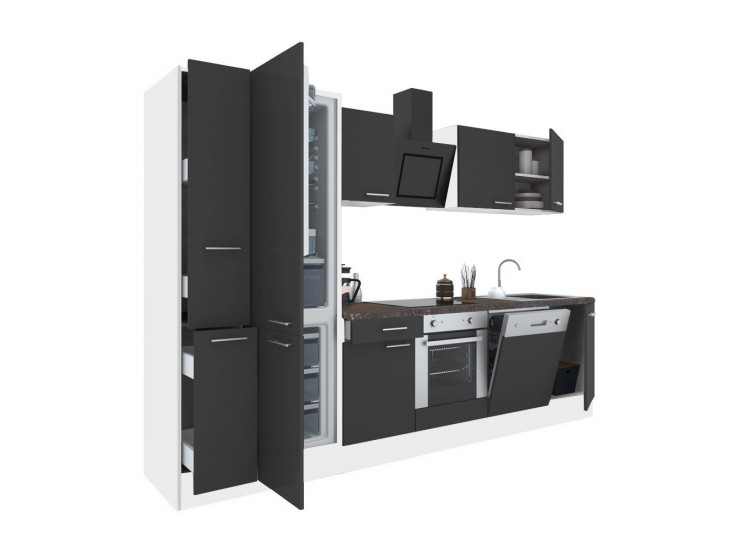 Yorki 310 konyhabútor fehér korpusz,selyemfényű antracit front alsó sütős elemmel alulfagyasztós hűtős szekrénnyel