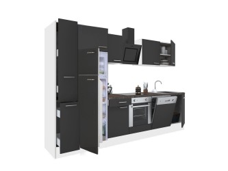 Yorki 310 konyhabútor fehér korpusz,selyemfényű antracit front alsó sütős elemmel felülfagyasztós hűtős szekrénnyel