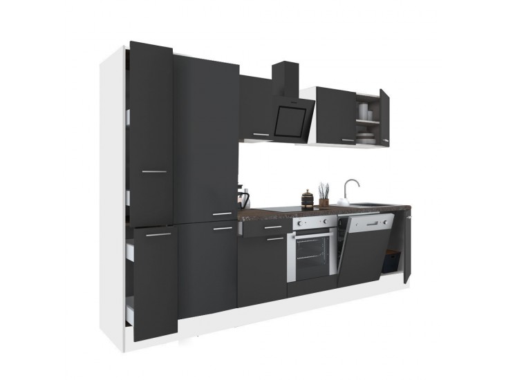 Yorki 310 konyhabútor fehér korpusz,selyemfényű antracit front alsó sütős elemmel polcos szekrénnyel