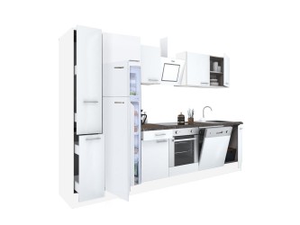 Yorki 310 konyhabútor fehér korpusz,selyemfényű fehér front alsó sütős elemmel felülfagyasztós hűtős szekrénnyel