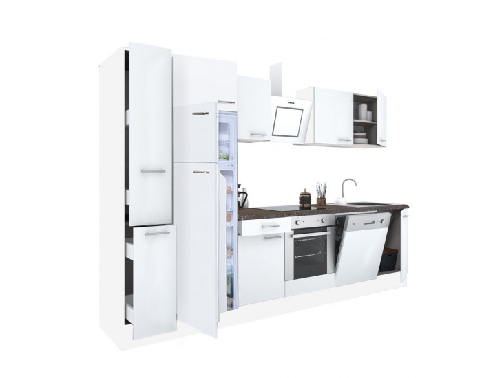 Yorki 310 konyhabútor fehér korpusz,selyemfényű fehér front alsó sütős elemmel felülfagyasztós hűtős szekrénnyel