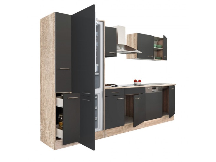 Yorki 310 konyhabútor sonoma tölgy korpusz,selyemfényű antracit fronttal alulfagyasztós hűtős szekrénnyel