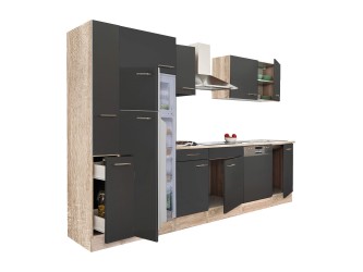 Yorki 310 konyhabútor sonoma tölgy korpusz,selyemfényű antracit fronttal felülfagyasztós hűtős szekrénnyel