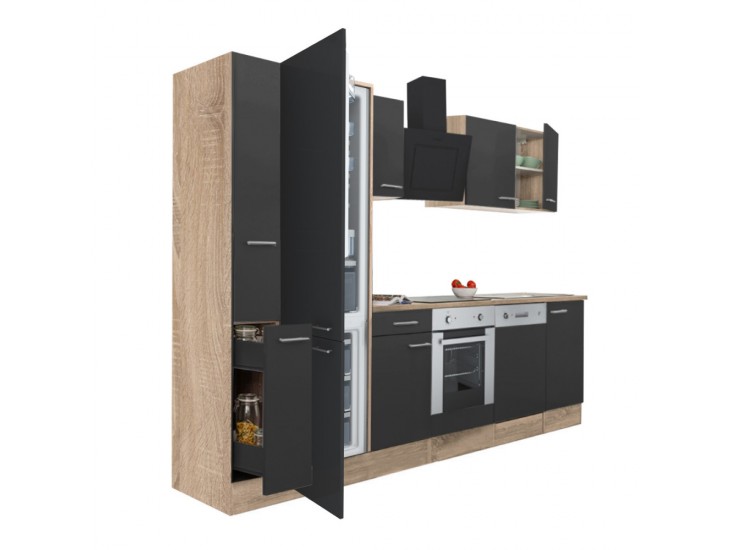 Yorki 310 konyhabútor sonoma tölgy korpusz,selyemfényű antracit front alsó sütős elemmel alulfagyasztós hűtős szekrénnyel