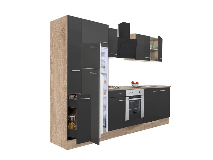 Yorki 310 konyhabútor sonoma tölgy korpusz,selyemfényű antracit front alsó sütős elemmel felülfagyasztós hűtős szekrénnyel