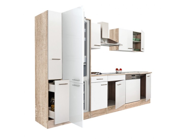 Yorki 310 konyhabútor sonoma tölgy korpusz,selyemfényű fehér fronttal alulfagyasztós hűtős szekrénnyel