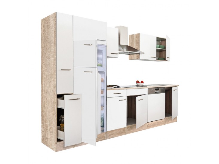 Yorki 310 konyhabútor sonoma tölgy korpusz,selyemfényű fehér fronttal felülfagyasztós hűtős szekrénnyel