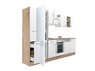 Yorki 310 konyhabútor sonoma tölgy korpusz,selyemfényű fehér front alsó sütős elemmel alulfagyasztós hűtős szekrénnyel