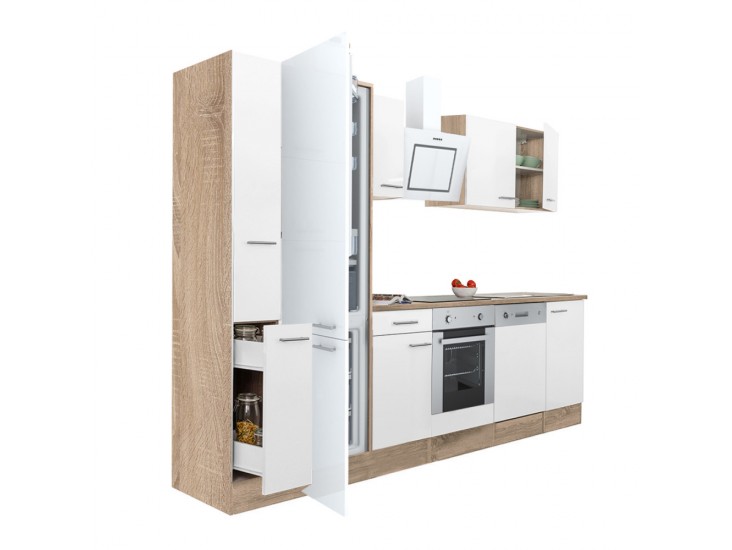 Yorki 310 konyhabútor sonoma tölgy korpusz,selyemfényű fehér front alsó sütős elemmel alulfagyasztós hűtős szekrénnyel