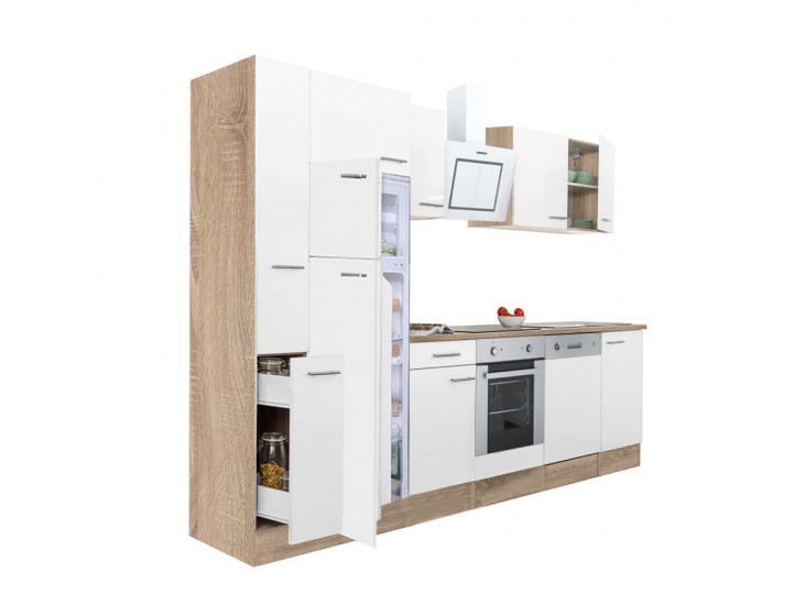Yorki 310 konyhabútor sonoma tölgy korpusz,selyemfényű fehér front alsó sütős elemmel felülfagyasztós hűtős szekrénnyel