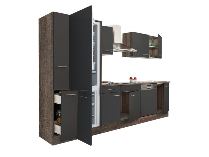 Yorki 310 konyhabútor yorki tölgy korpusz,selyemfényű antracit fronttal alulfagyasztós hűtős szekrénnyel