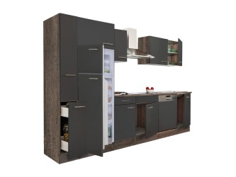 Yorki 310 konyhabútor yorki tölgy korpusz,selyemfényű antracit fronttal felülfagyasztós hűtős szekrénnyel