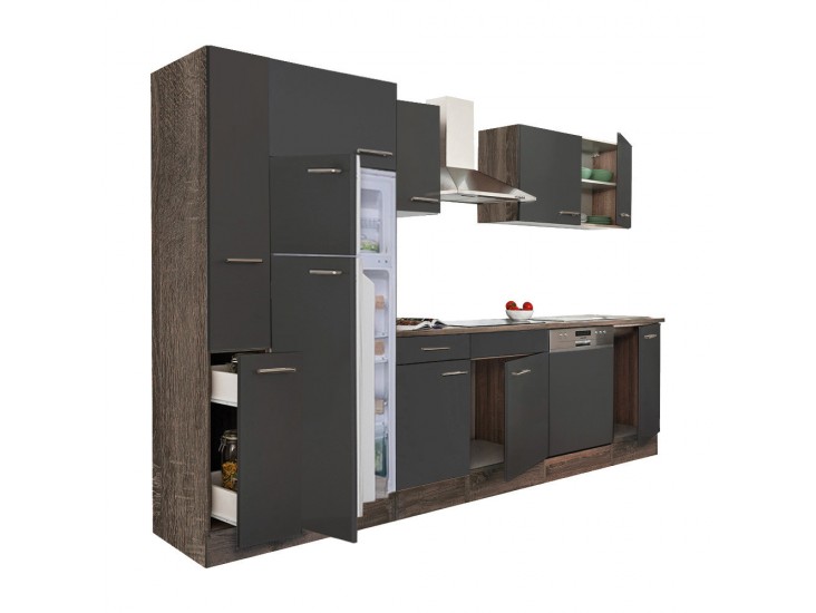 Yorki 310 konyhabútor yorki tölgy korpusz,selyemfényű antracit fronttal felülfagyasztós hűtős szekrénnyel