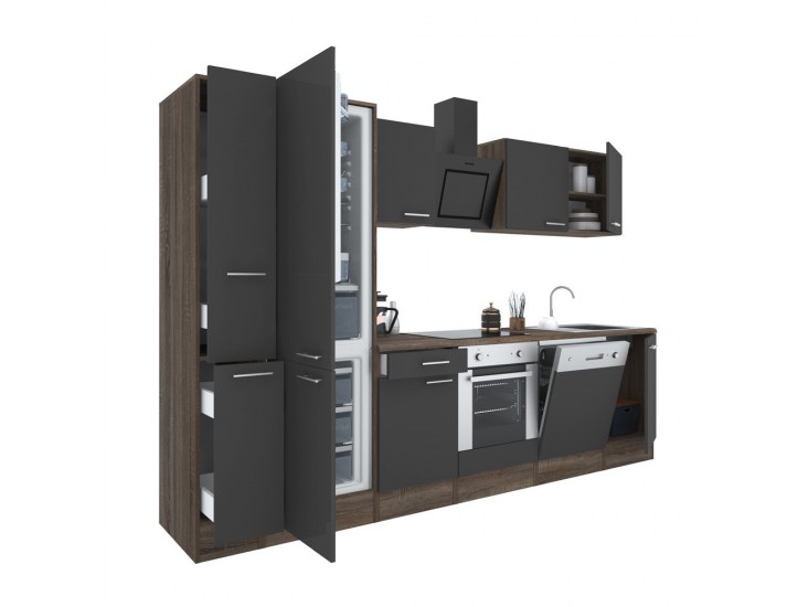 Yorki 310 konyhabútor yorki tölgy korpusz,selyemfényű antracit front alsó sütős elemmel alulfagyasztós hűtős szekrénnyel