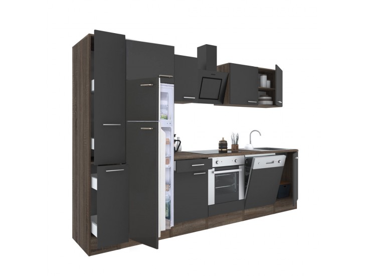 Yorki 310 konyhabútor yorki tölgy korpusz,selyemfényű antracit front alsó sütős elemmel felülfagyasztós hűtős szekrénnyel