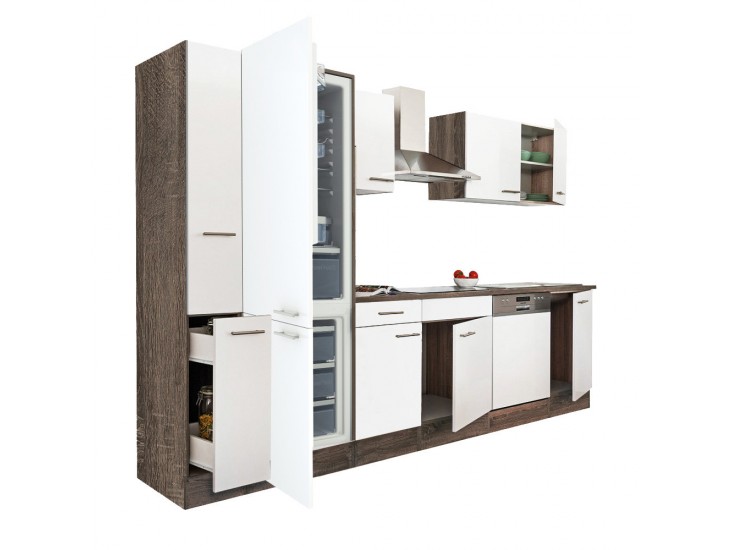 Yorki 310 konyhabútor yorki tölgy korpusz,selyemfényű fehér fronttal alulfagyasztós hűtős szekrénnyel