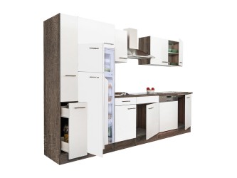 Yorki 310 konyhabútor yorki tölgy korpusz,selyemfényű fehér fronttal felülfagyasztós hűtős szekrénnyel