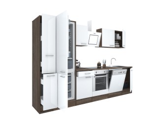 Yorki 310 konyhabútor yorki tölgy korpusz,selyemfényű fehér front alsó sütős elemmel alulfagyasztós hűtős szekrénnyel