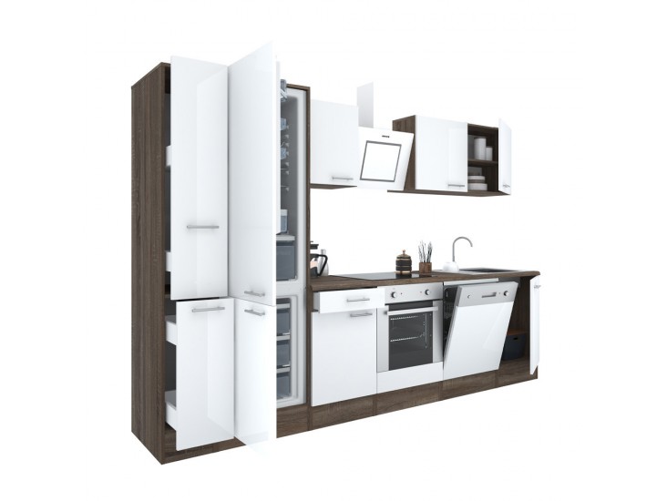 Yorki 310 konyhabútor yorki tölgy korpusz,selyemfényű fehér front alsó sütős elemmel alulfagyasztós hűtős szekrénnyel