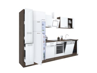 Yorki 310 konyhabútor yorki tölgy korpusz,selyemfényű fehér front alsó sütős elemmel felülfagyasztós hűtős szekrénnyel