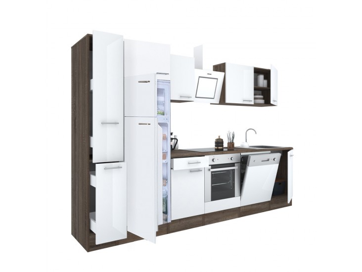 Yorki 310 konyhabútor yorki tölgy korpusz,selyemfényű fehér front alsó sütős elemmel felülfagyasztós hűtős szekrénnyel