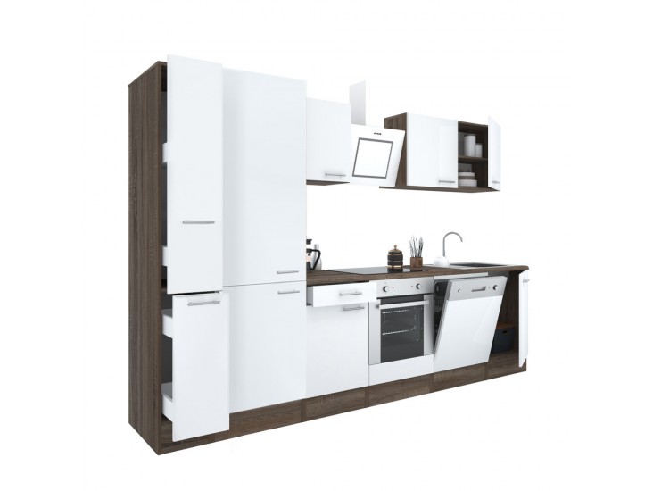 Yorki 310 konyhabútor yorki tölgy korpusz,selyemfényű fehér front alsó sütős elemmel polcos szekrénnyel