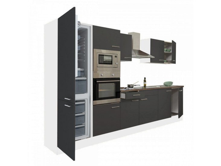 Yorki 330 konyhabútor fehér korpusz,selyemfényű antracit fronttal alulfagyasztós hűtős szekrénnyel