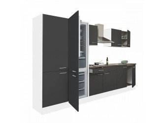 Yorki 330 konyhabútor fehér korpusz,selyemfényű antracit fronttal polcos szekrénnyel és alulfagyasztós hűtős szekrénnyel