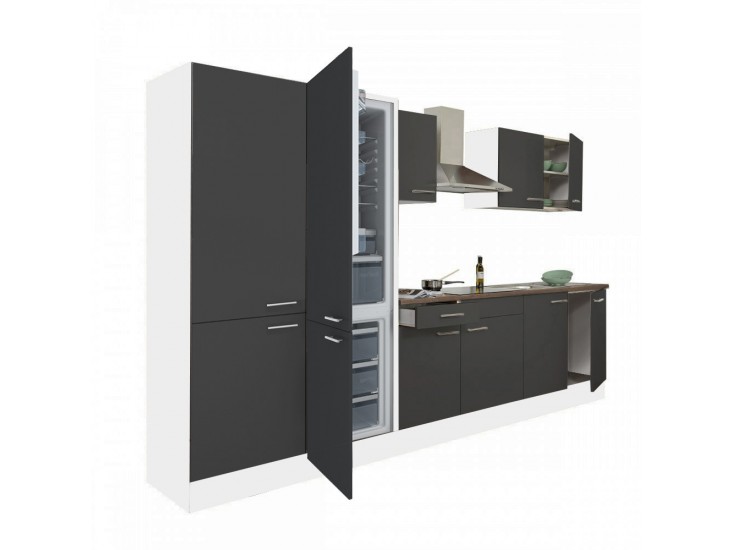 Yorki 330 konyhabútor fehér korpusz,selyemfényű antracit fronttal polcos szekrénnyel és alulfagyasztós hűtős szekrénnyel