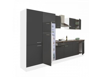 Yorki 330 konyhabútor fehér korpusz,selyemfényű antracit fronttal polcos szekrénnyel és felülfagyasztós hűtős szekrénnyel