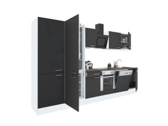 Yorki 330 konyhabútor fehér korpusz,selyemfényű antracit front alsó sütős elemmel polcos szekrénnyel és alulfagyasztós hűtős szekrénnyel