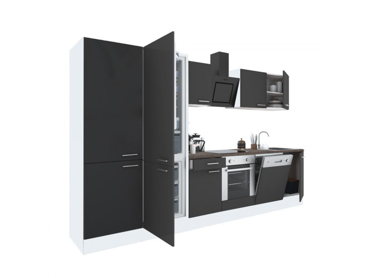 Yorki 330 konyhabútor fehér korpusz,selyemfényű antracit front alsó sütős elemmel polcos szekrénnyel és alulfagyasztós hűtős szekrénnyel