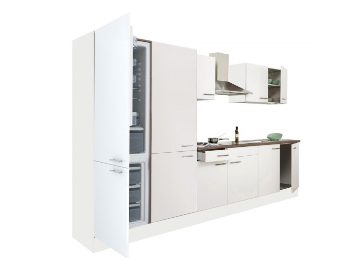 Yorki 330 konyhabútor fehér korpusz,selyemfényű fehér fronttal polcos szekrénnyel és alulfagyasztós hűtős szekrénnyel