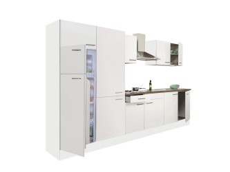 Yorki 330 konyhabútor fehér korpusz,selyemfényű fehér fronttal polcos szekrénnyel és felülfagyasztós hűtős szekrénnyel