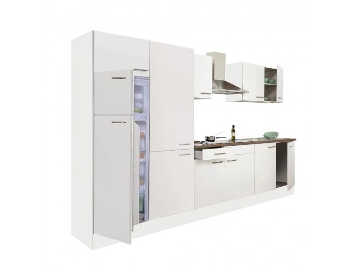 Yorki 330 konyhabútor fehér korpusz,selyemfényű fehér fronttal polcos szekrénnyel és felülfagyasztós hűtős szekrénnyel