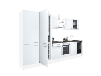 Yorki 330 konyhabútor fehér korpusz,selyemfényű fehér front alsó sütős elemmel polcos szekrénnyel és alulfagyasztós hűtős szekrénnyel