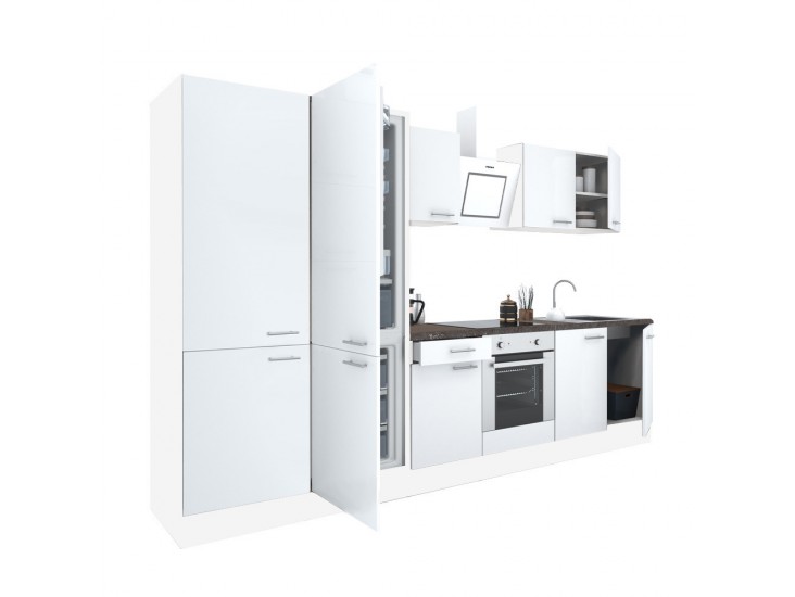 Yorki 330 konyhabútor fehér korpusz,selyemfényű fehér front alsó sütős elemmel polcos szekrénnyel és alulfagyasztós hűtős szekrénnyel
