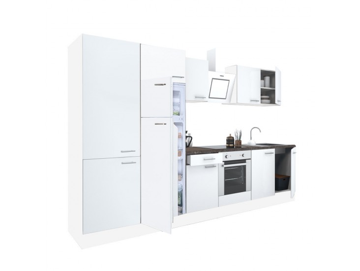 Yorki 330 konyhabútor fehér korpusz,selyemfényű fehér front alsó sütős elemmel polcos szekrénnyel és felülfagyasztós hűtős szekrénnyel