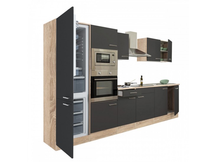 Yorki 330 konyhabútor sonoma tölgy korpusz,selyemfényű antracit fronttal alulfagyasztós hűtős szekrénnyel