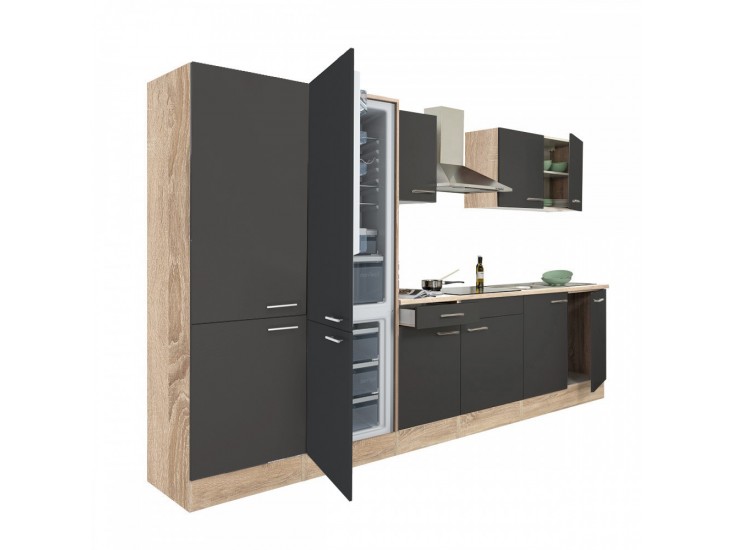 Yorki 330 konyhabútor sonoma tölgy korpusz,selyemfényű antracit fronttal polcos szekrénnyel és alulfagyasztós hűtős szekrénnyel