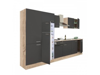 Yorki 330 konyhabútor sonoma tölgy korpusz,selyemfényű antracit fronttal polcos szekrénnyel és felülfagyasztós hűtős szekrénnyel