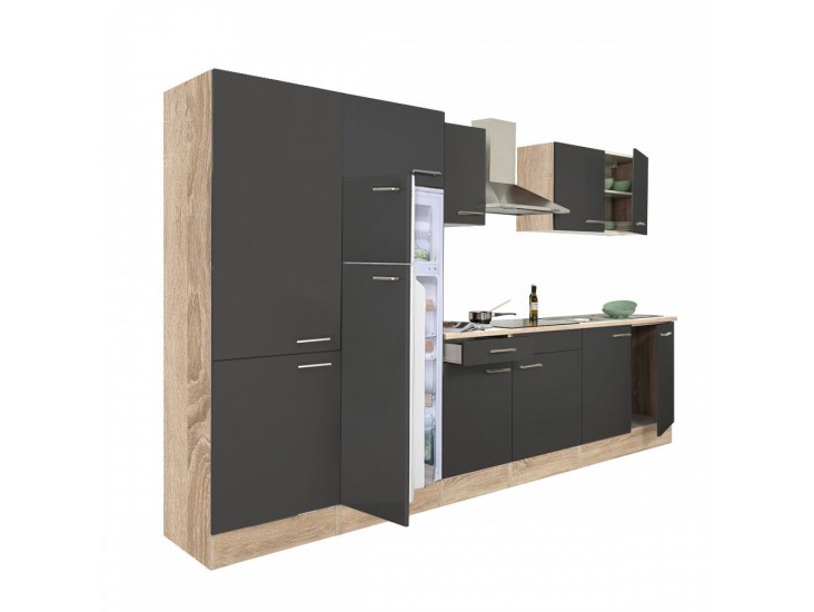 Yorki 330 konyhabútor sonoma tölgy korpusz,selyemfényű antracit fronttal polcos szekrénnyel és felülfagyasztós hűtős szekrénnyel