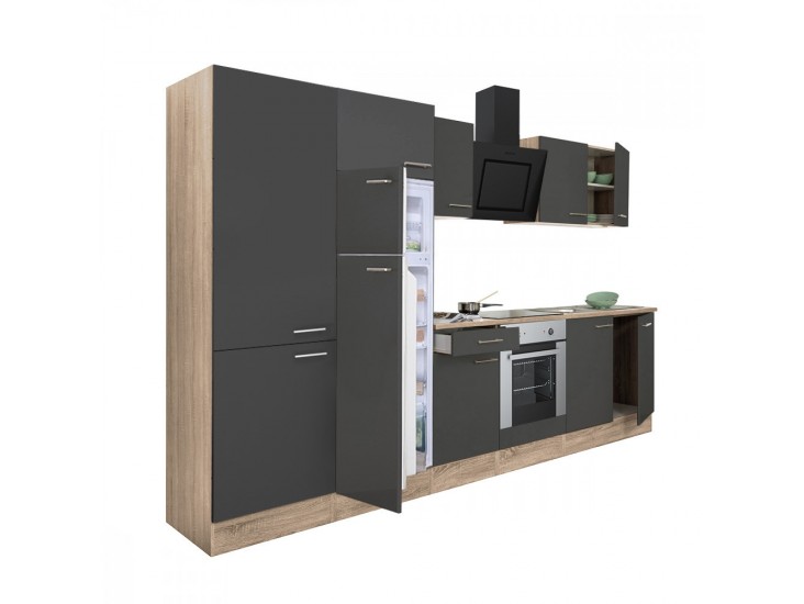 Yorki 330 konyhabútor sonoma tölgy korpusz,selyemfényű antracit front alsó sütős elemmel polcos szekrénnyel és felülfagyasztós hűtős szekrénnyel