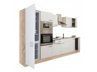 Yorki 330 konyhabútor sonoma tölgy korpusz,selyemfényű fehér fronttal alulfagyasztós hűtős szekrénnyel