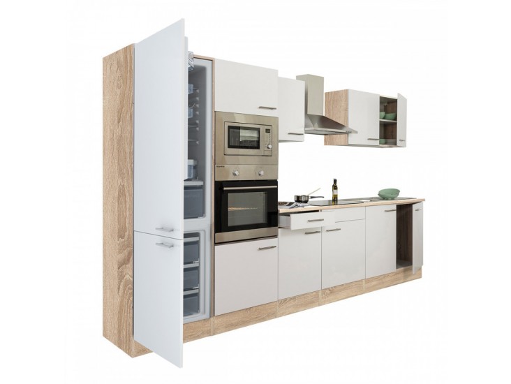 Yorki 330 konyhabútor sonoma tölgy korpusz,selyemfényű fehér fronttal alulfagyasztós hűtős szekrénnyel