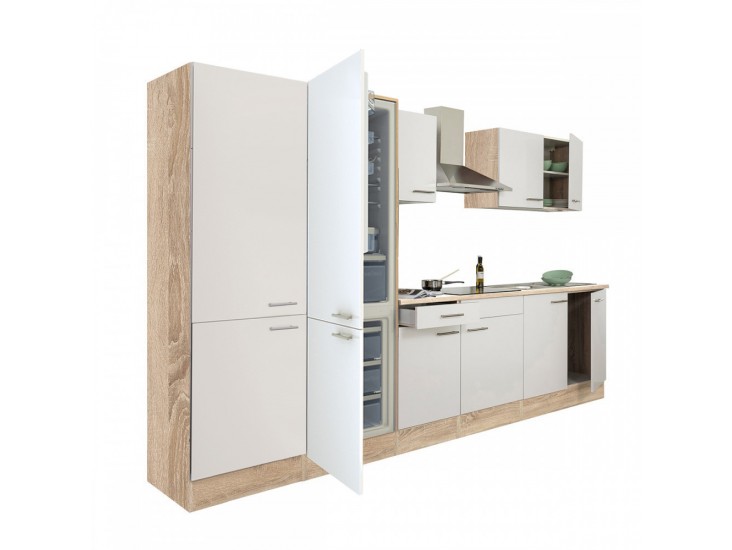 Yorki 330 konyhabútor sonoma tölgy korpusz,selyemfényű fehér fronttal polcos szekrénnyel és alulfagyasztós hűtős szekrénnyel